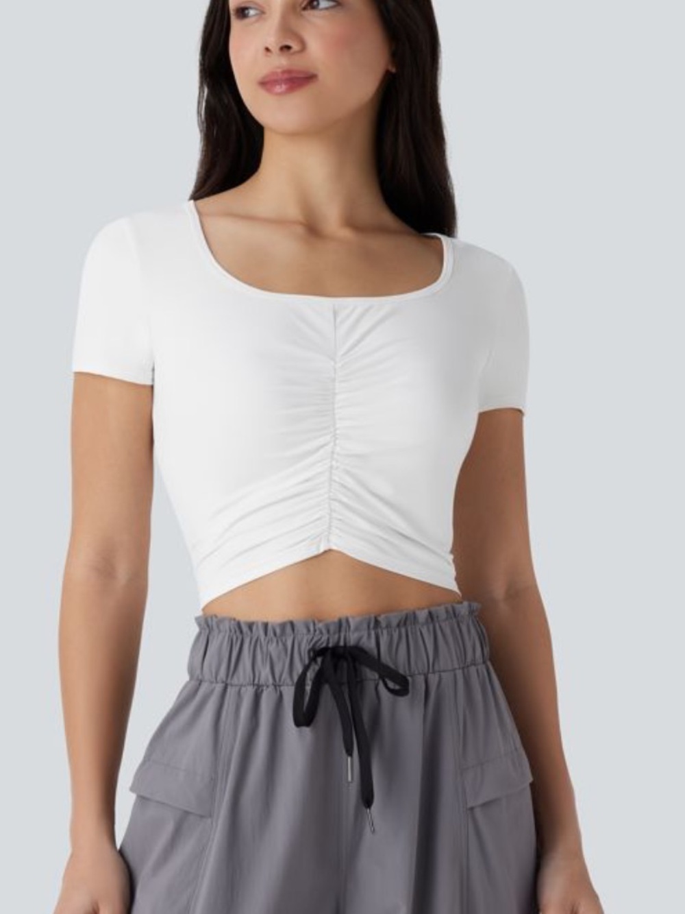 NWOT Halara White Square Neck Short Sleeve Ruched Cropped Top